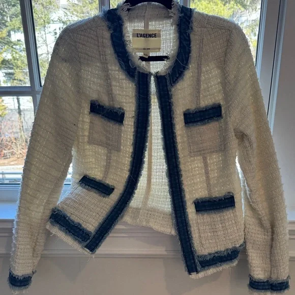 L'AGENCE Women's Cream and Black Tweed Blazer - Picture 2 of 5